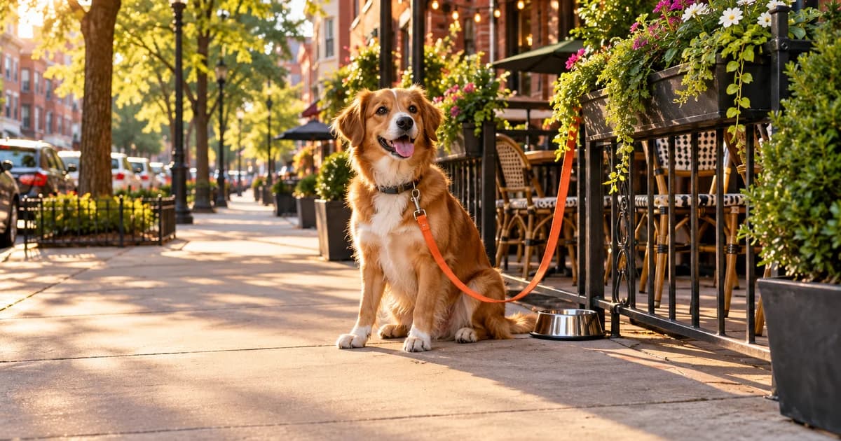 Illustration of a dog on an orange leash beside a sunny city café patio