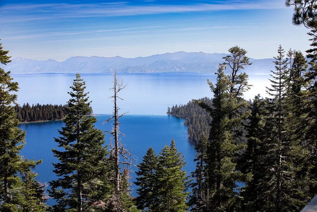 Emerald Bay and Lake Tahoe framed by pine trees, California, South Lake Tahoe